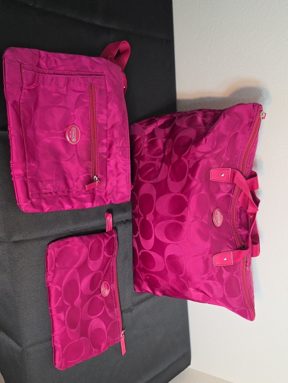 Coach Hot Pink Signature Nylon Tote with Matching Pouches